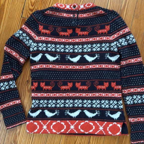 J. Crew navy blue and orange sweater with bird and cat winter pattern, small. - Picture 4 of 6